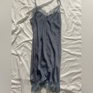 blue silk slip dress with lace detailing